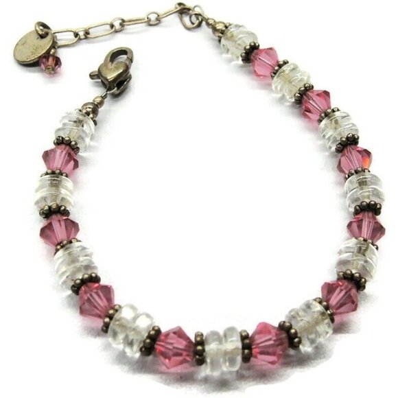 925 Sterling Silver Bracelet Pink and White Glass Beads - Picture 1 of 8
